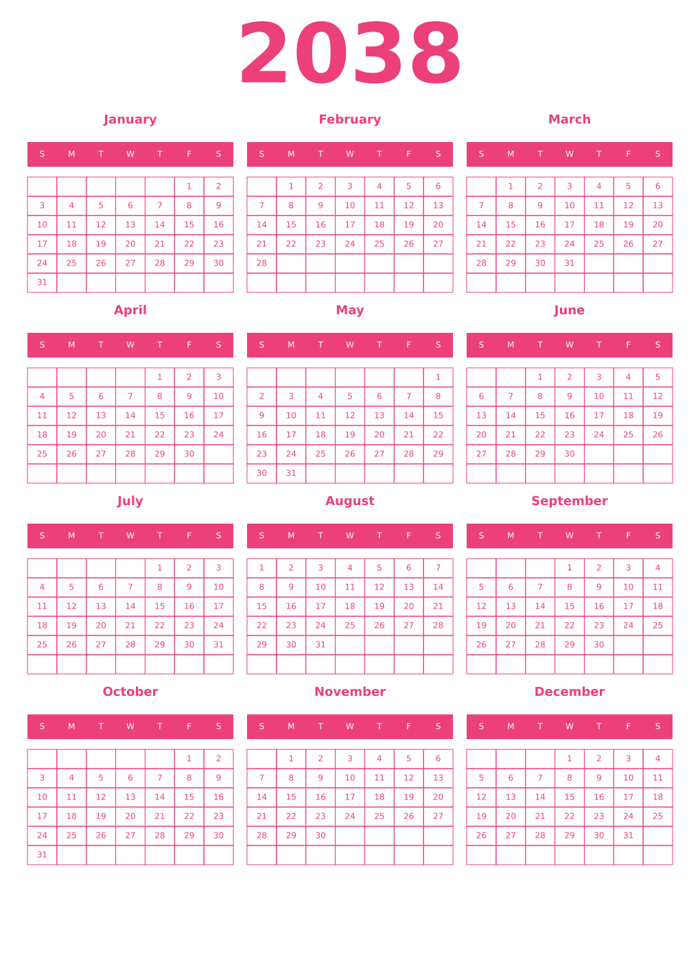 Printable 2038 Year Calendars pink