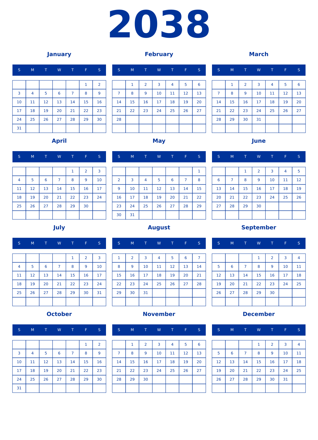 Printable 2038 Year Calendars smalt