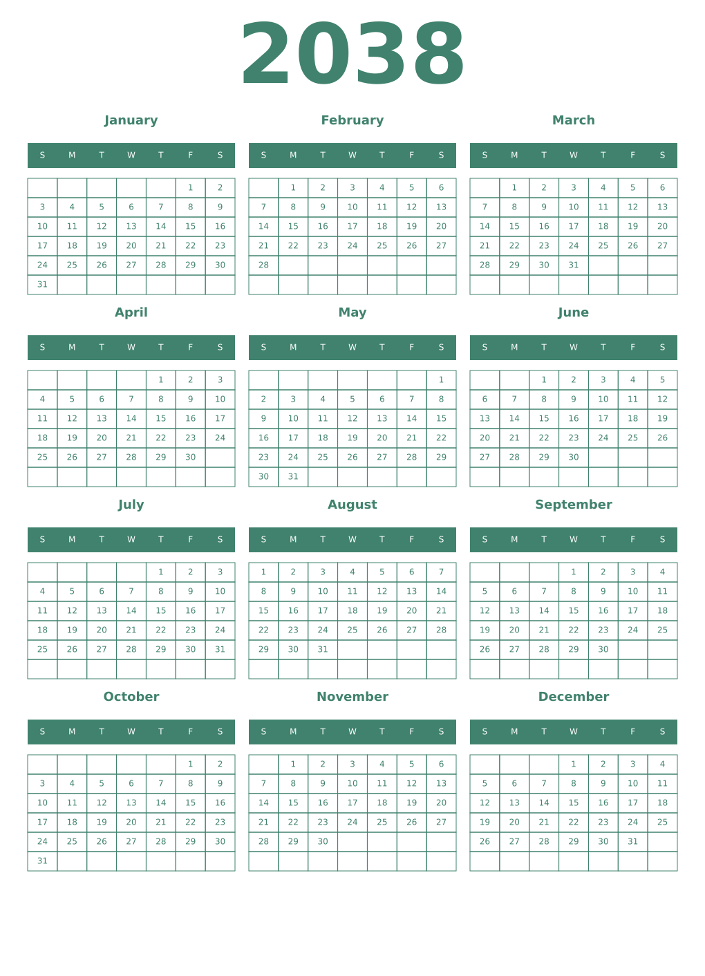 Printable 2038 Year Calendars viridian