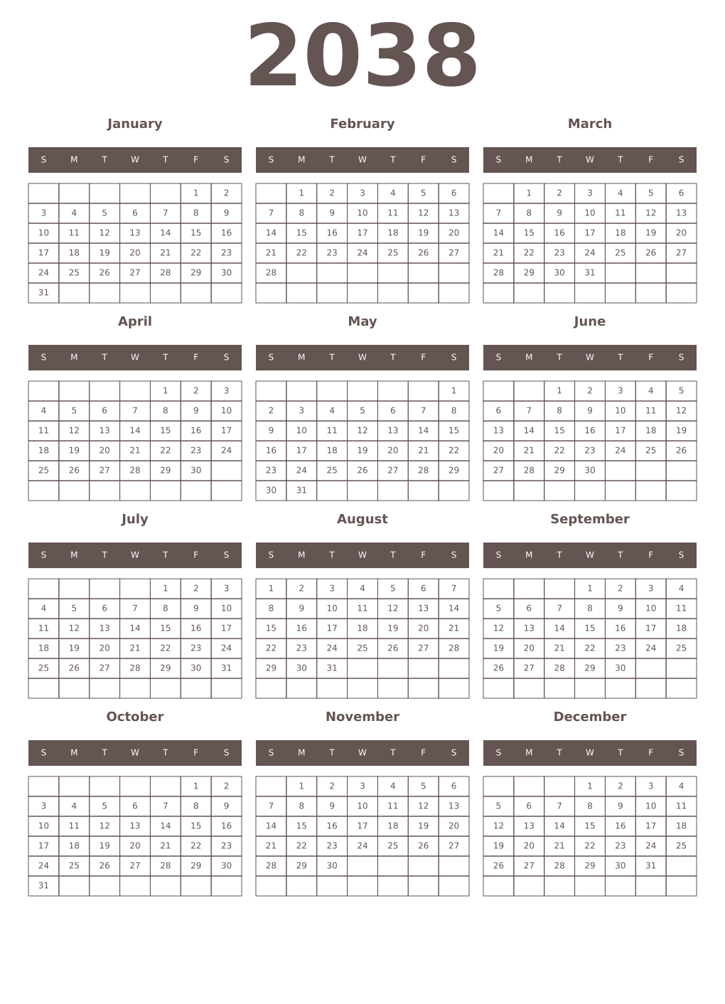 Printable 2038 Year Calendars wenge