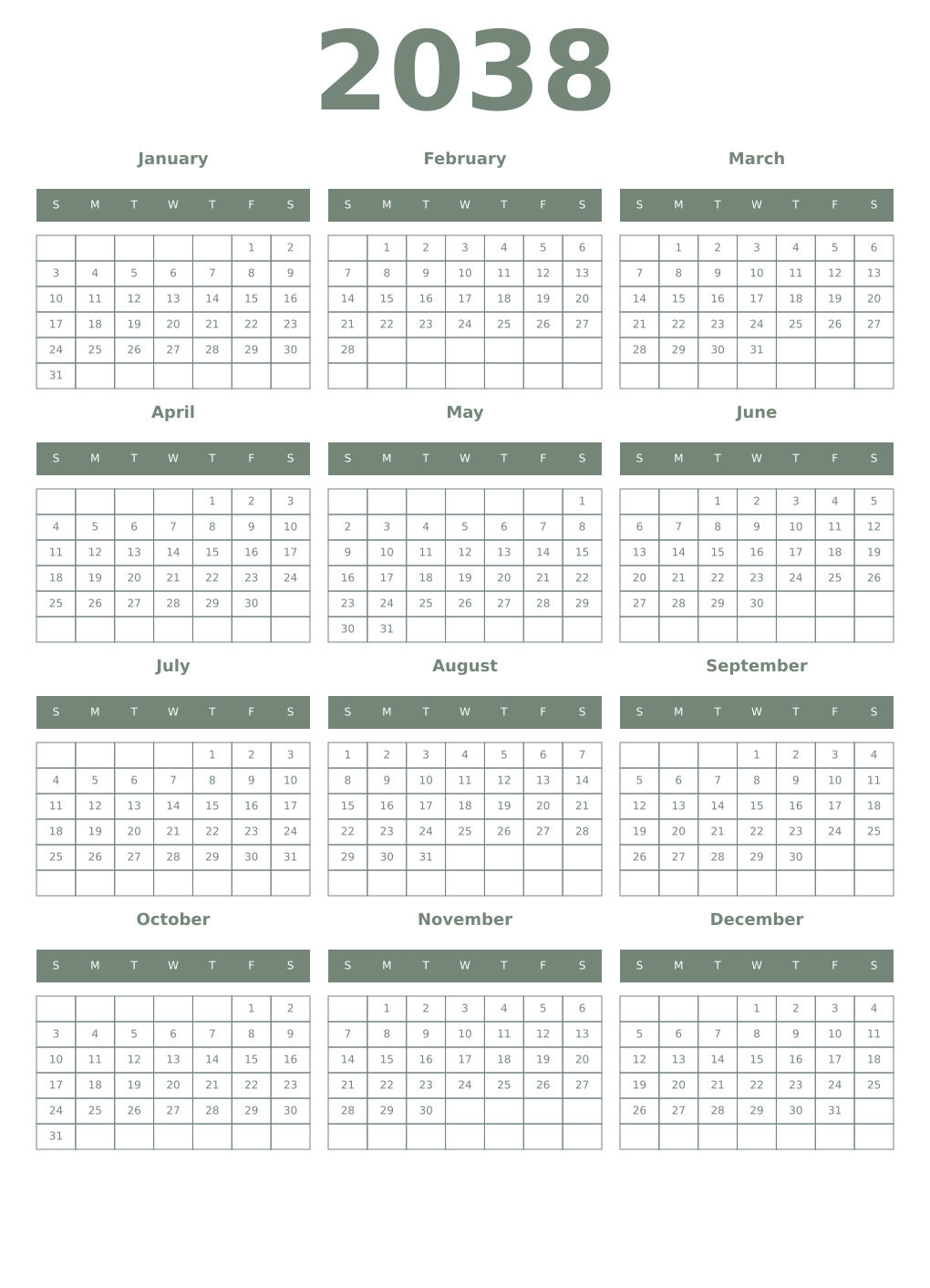 Printable 2038 Year Calendars xanadu