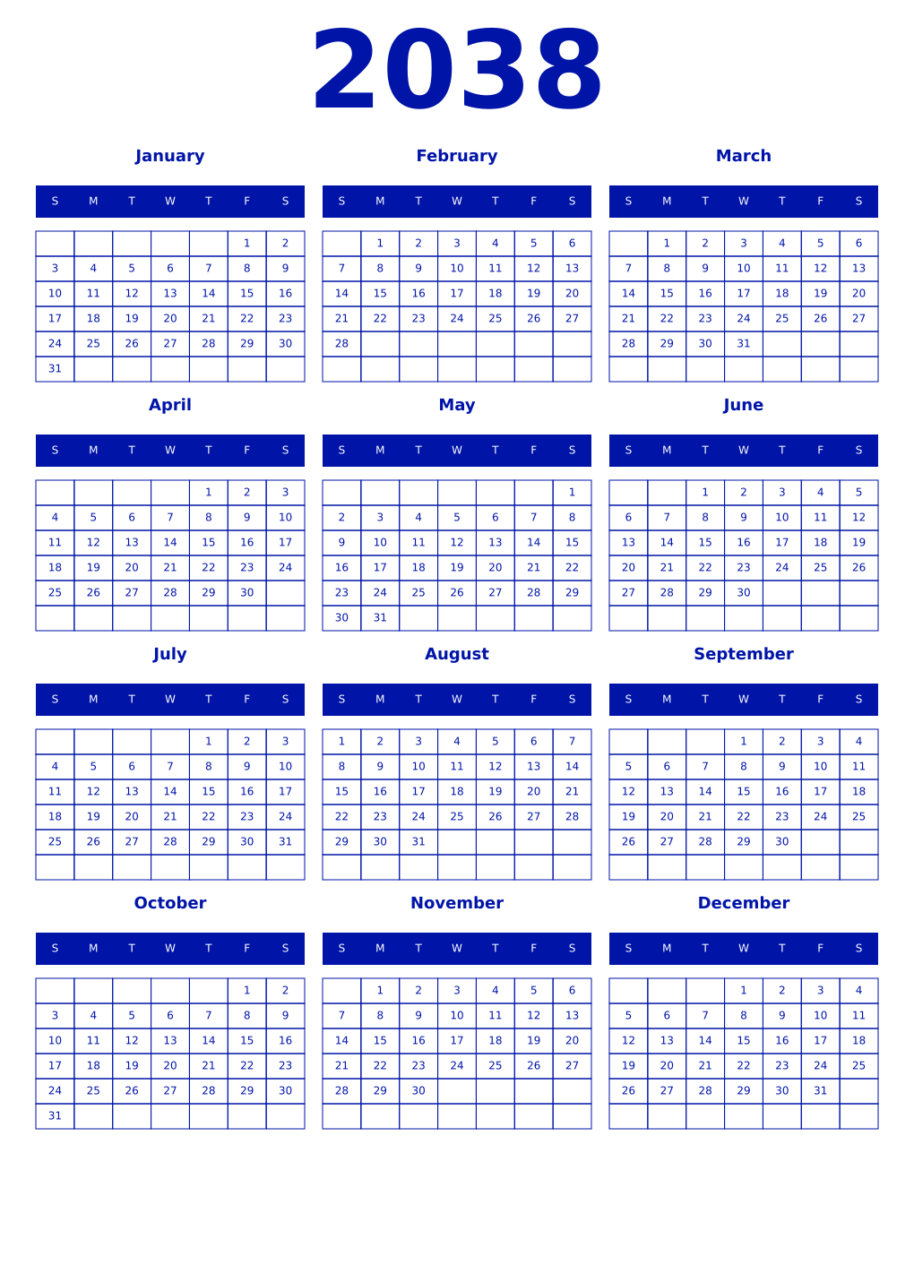 Printable 2038 Year Calendars zaffre