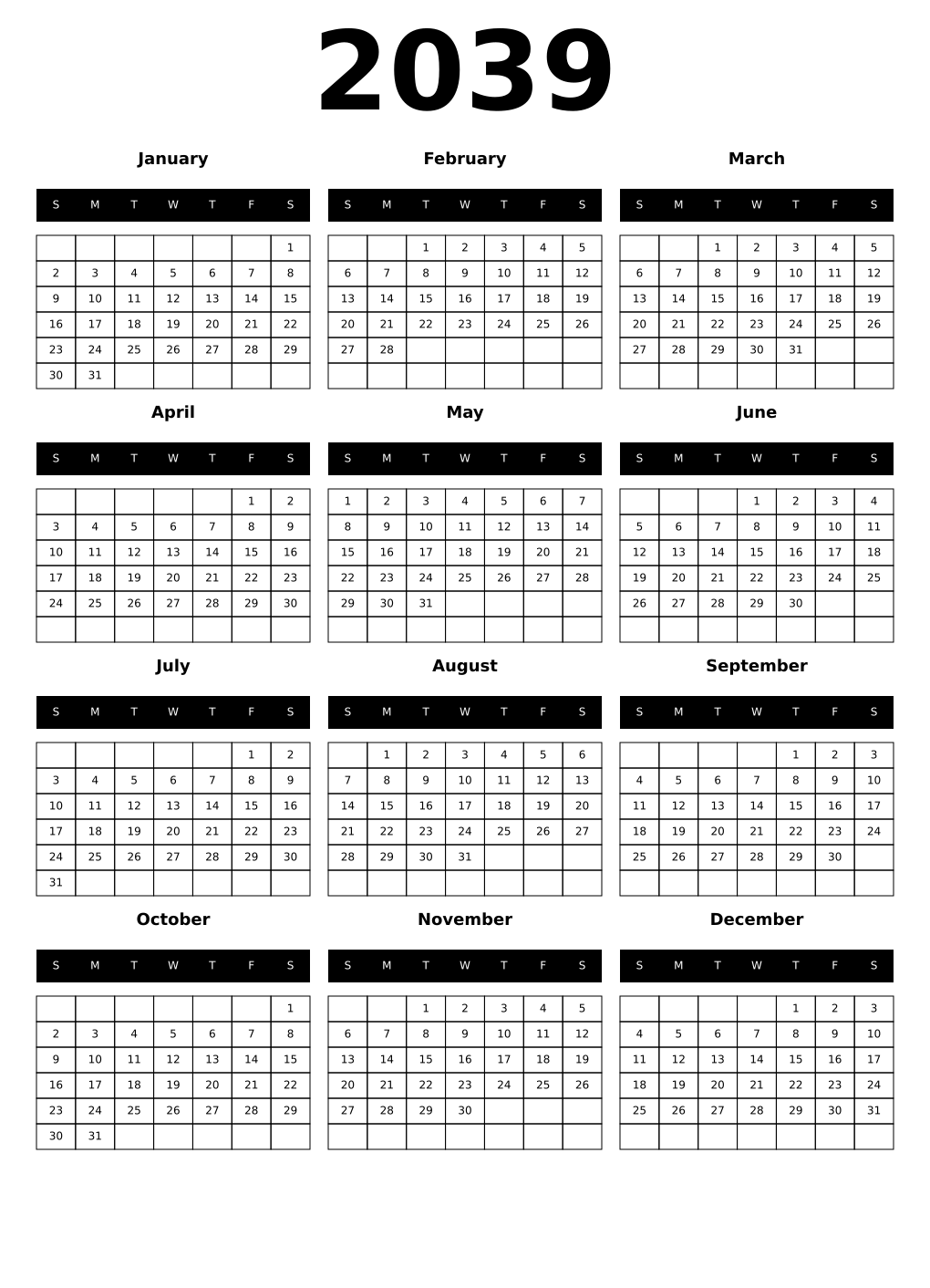 Printable 2039 Year Calendars black