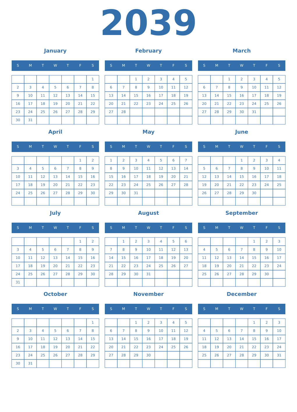 Printable 2039 Year Calendars blue