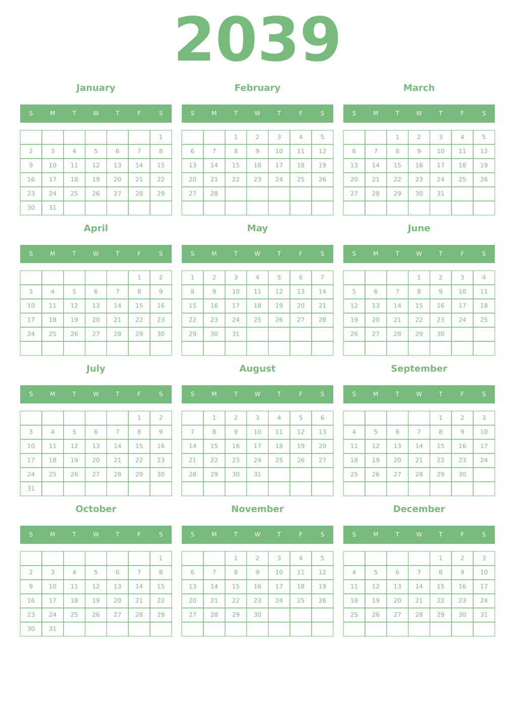 Printable 2039 Year Calendars celadon