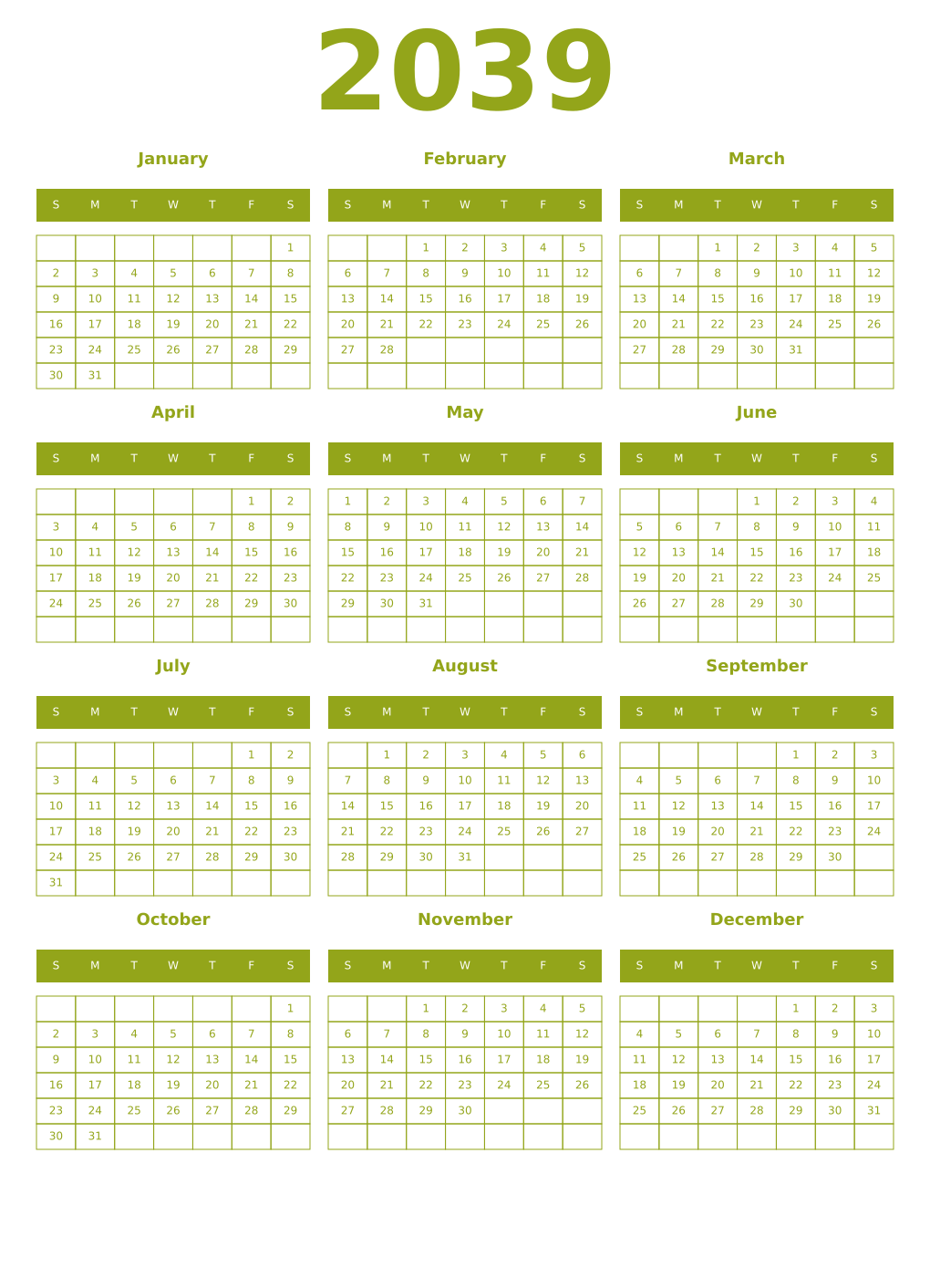 Printable 2039 Year Calendars chartreuse