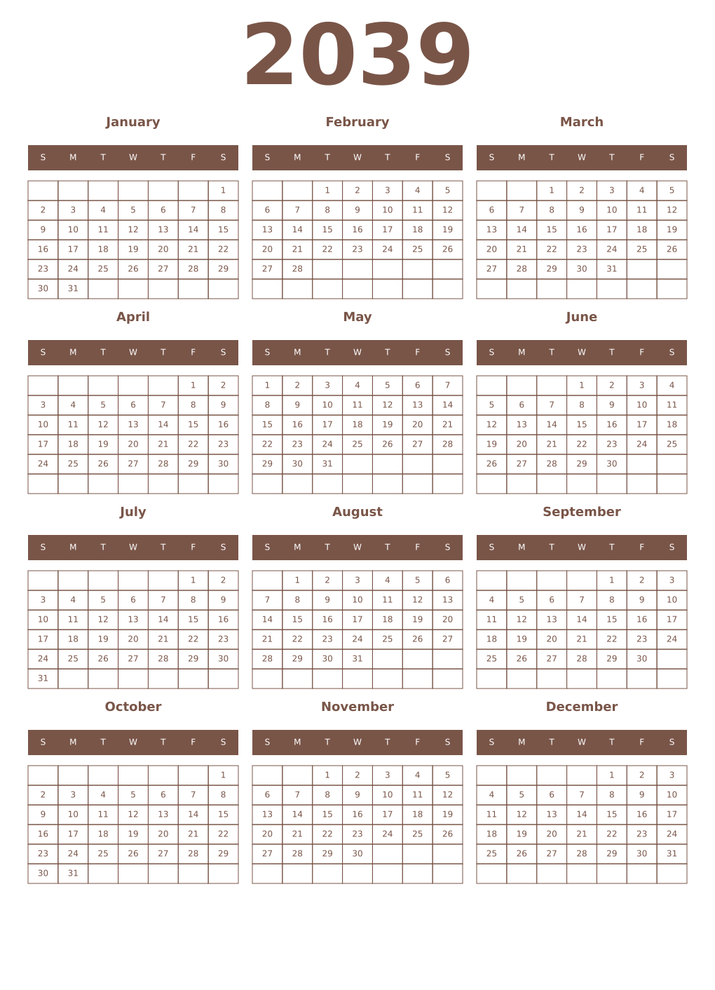 Printable 2039 Year Calendars coffe