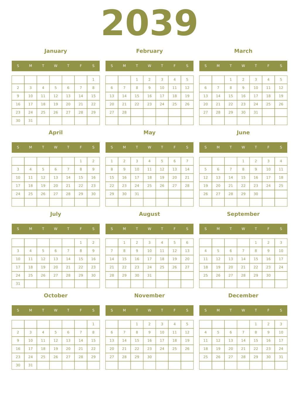 Printable 2039 Year Calendars eburnean