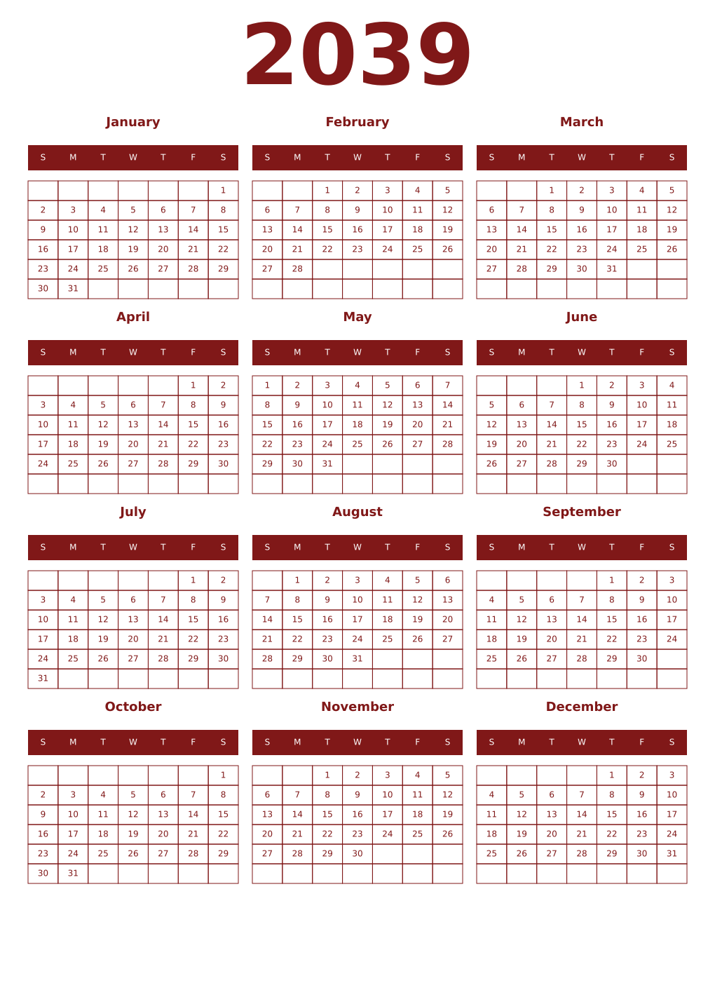 Printable 2039 Year Calendars falu