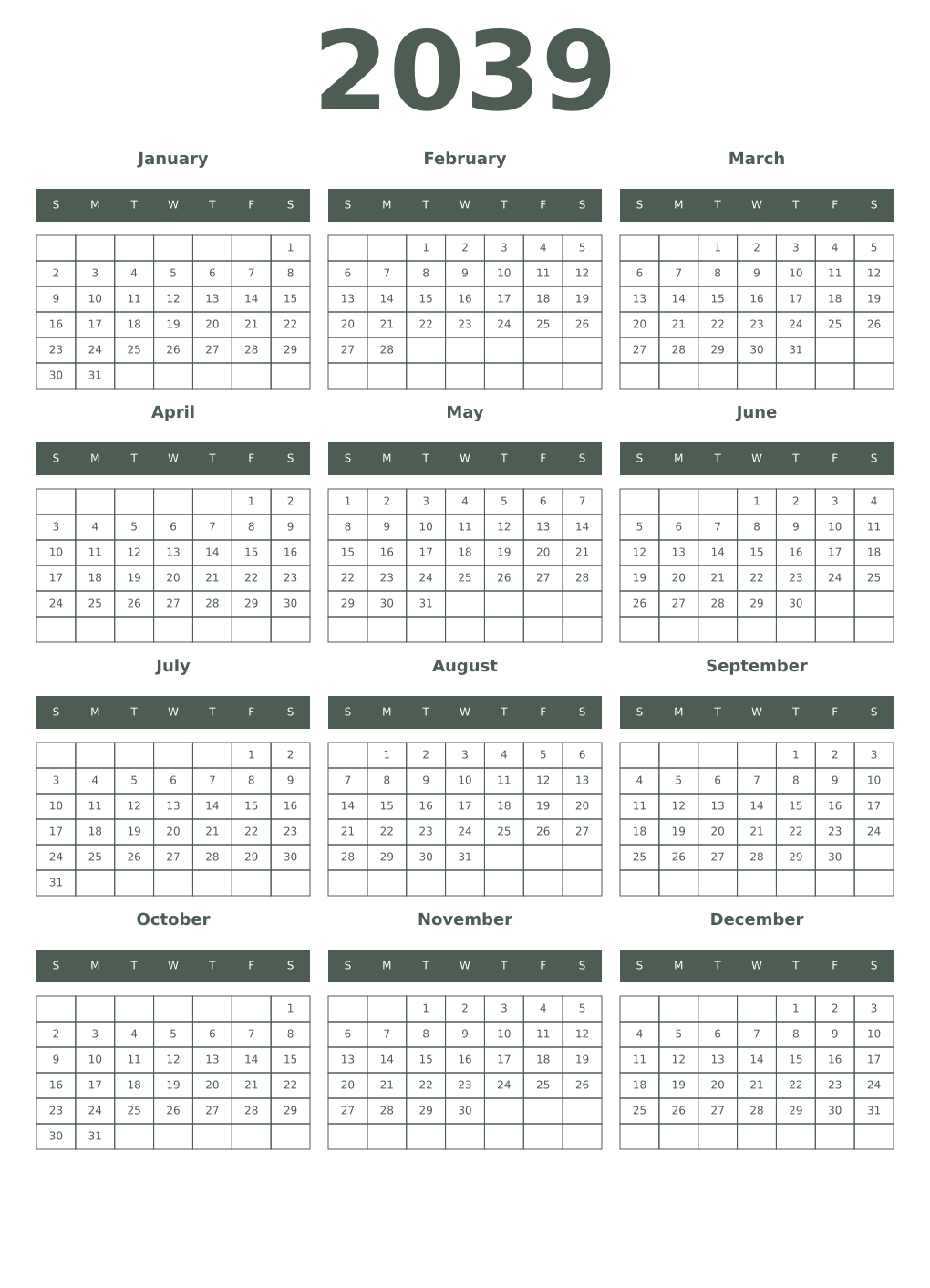 Printable 2039 Year Calendars feldgrau