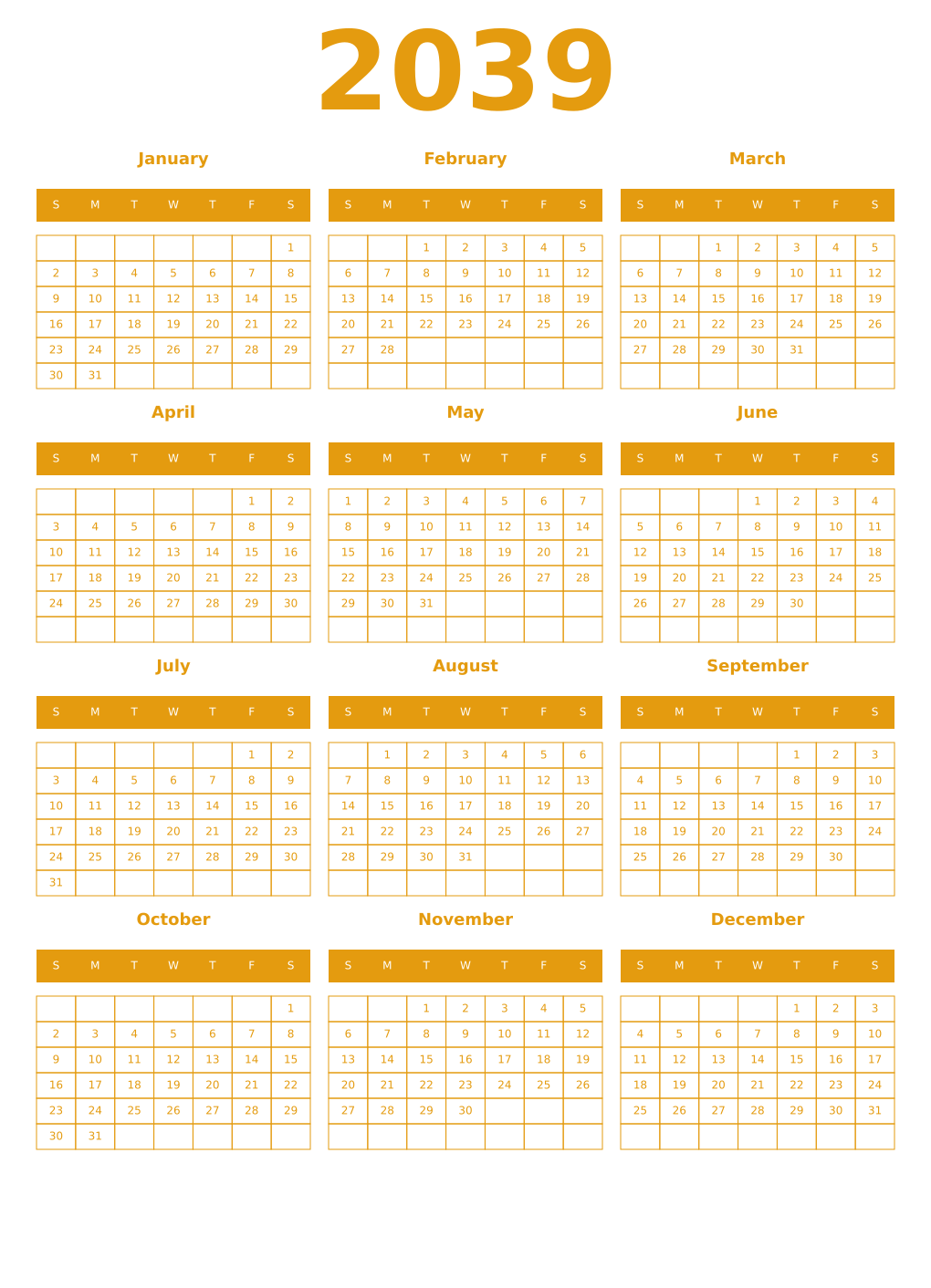Printable 2039 Year Calendars gamboge