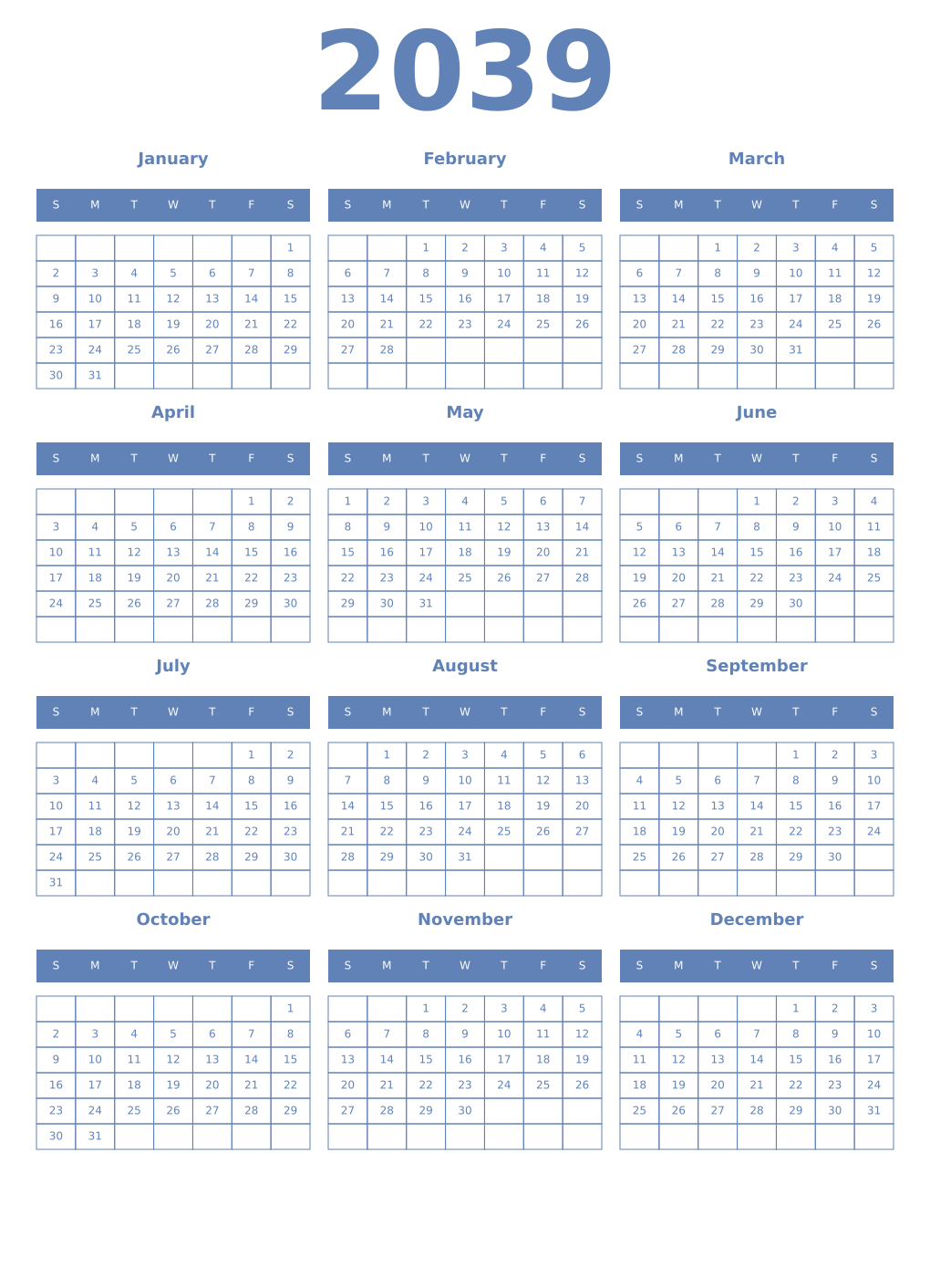 Printable 2039 Year Calendars glaucous