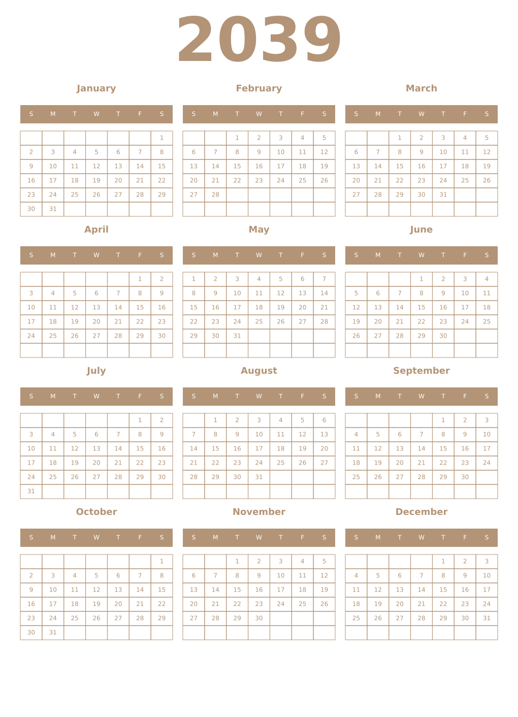 Printable 2039 Year Calendars isabelline