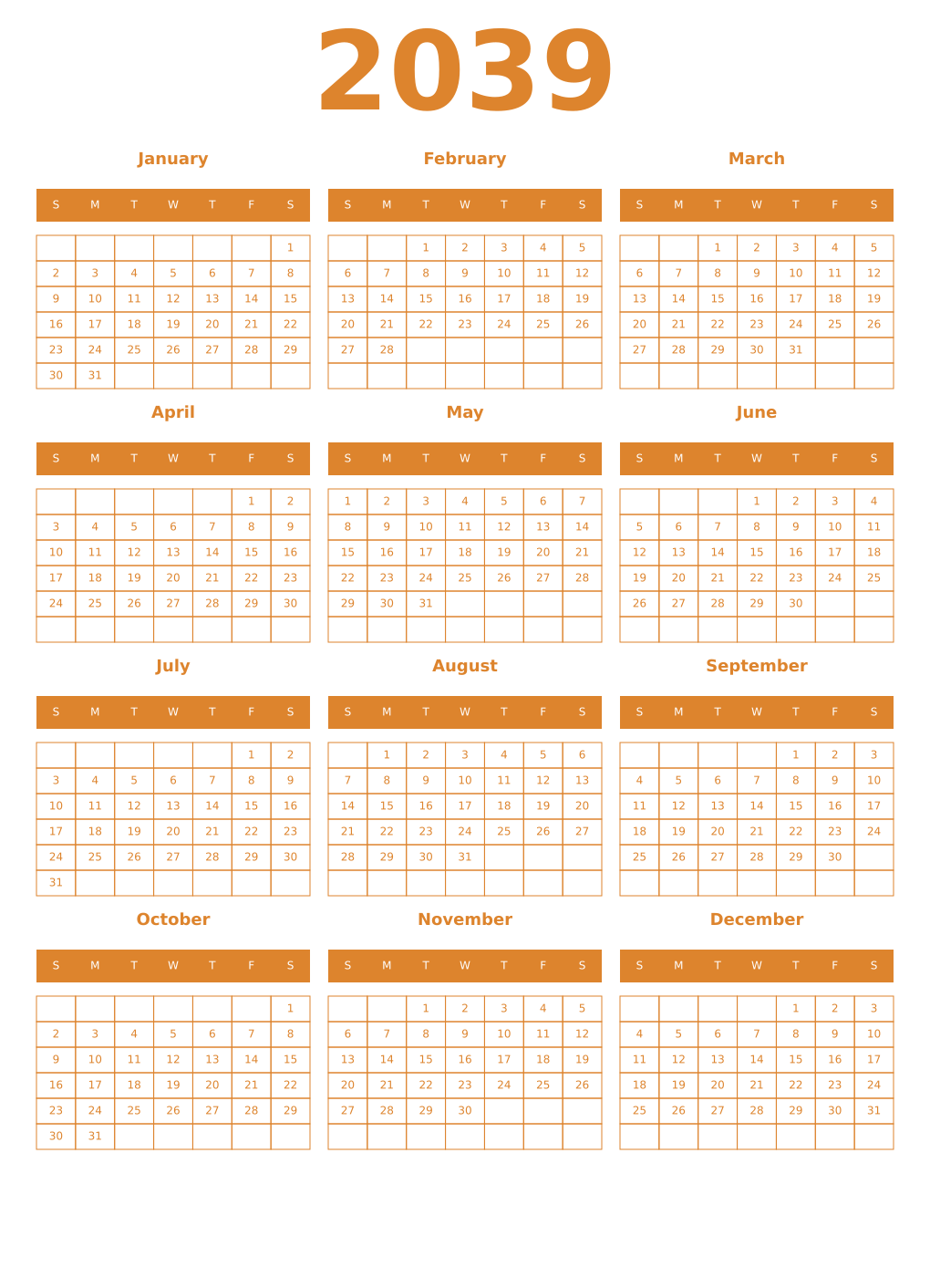 Printable 2039 Year Calendars orange