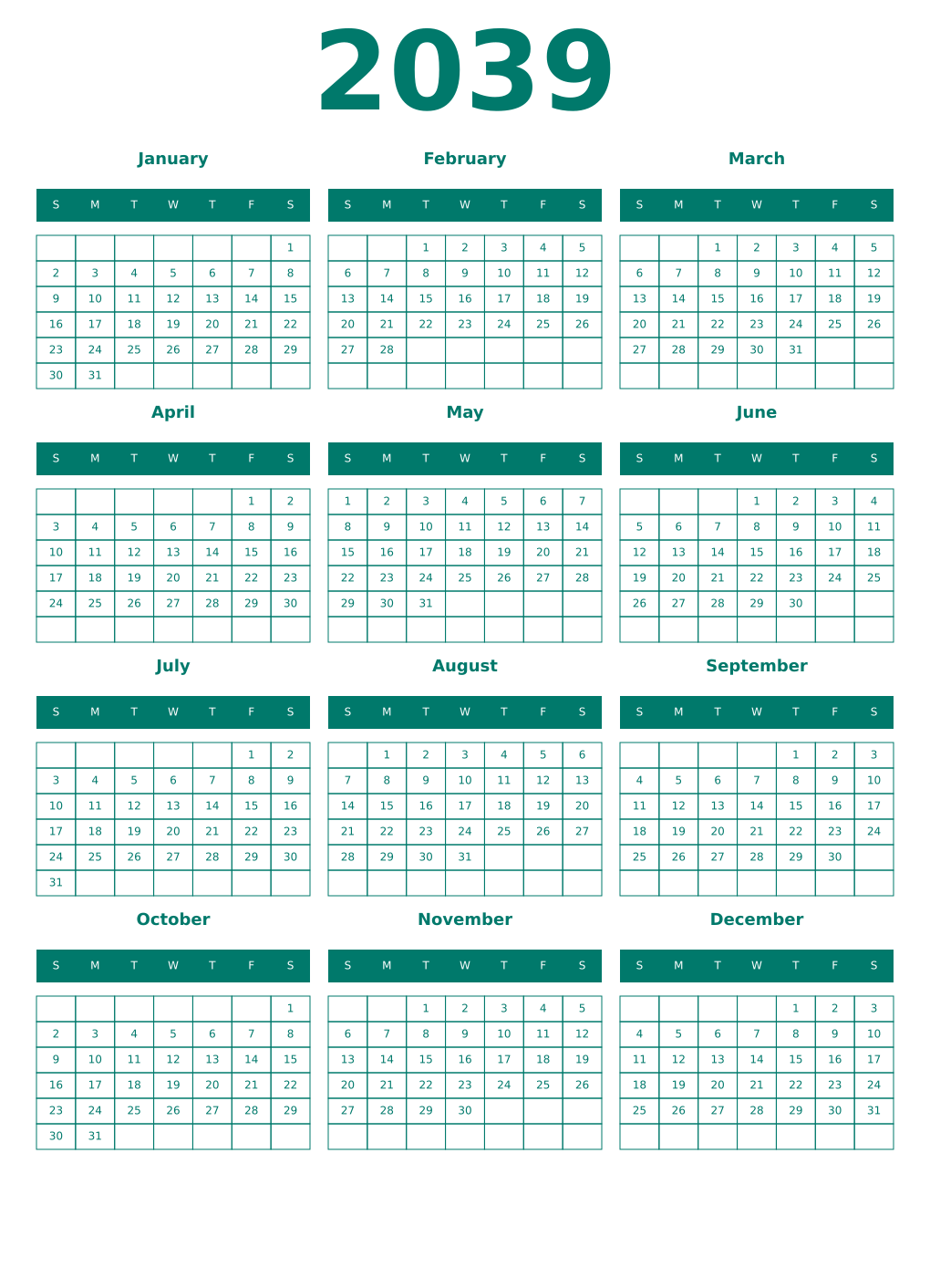 Printable 2039 Year Calendars pastel