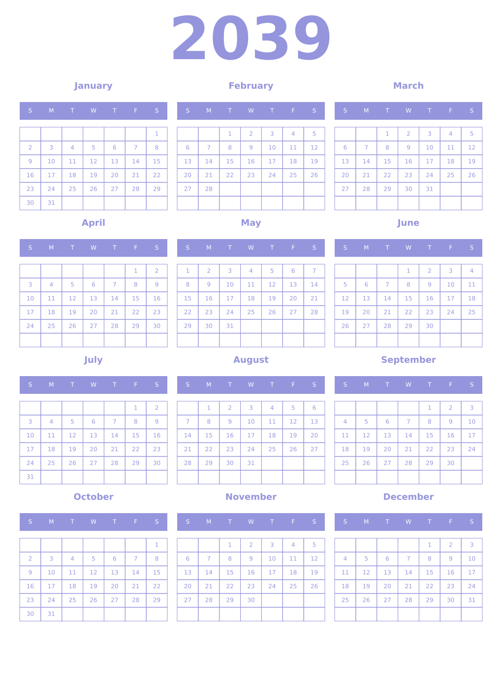 Printable 2039 Year Calendars periwinkle