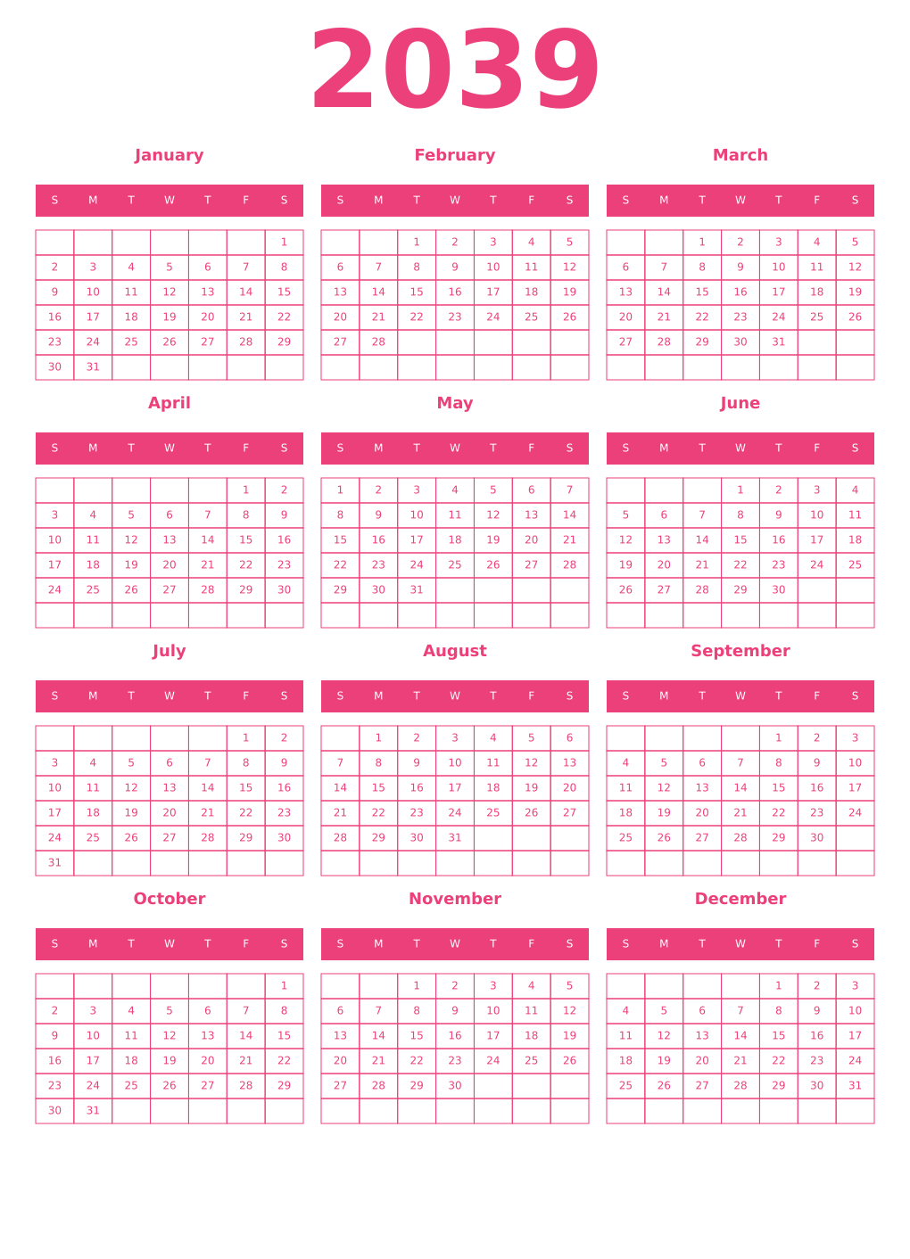 Printable 2039 Year Calendars pink