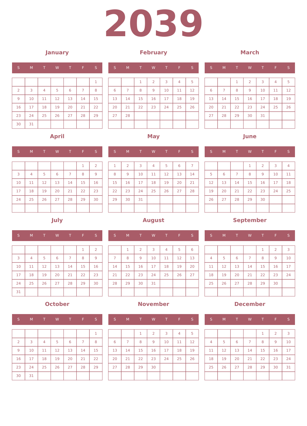 Printable 2039 Year Calendars puce