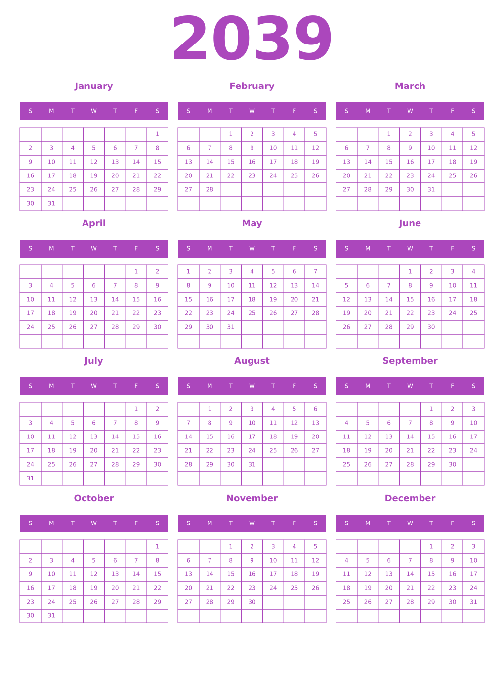 Printable 2039 Year Calendars purple