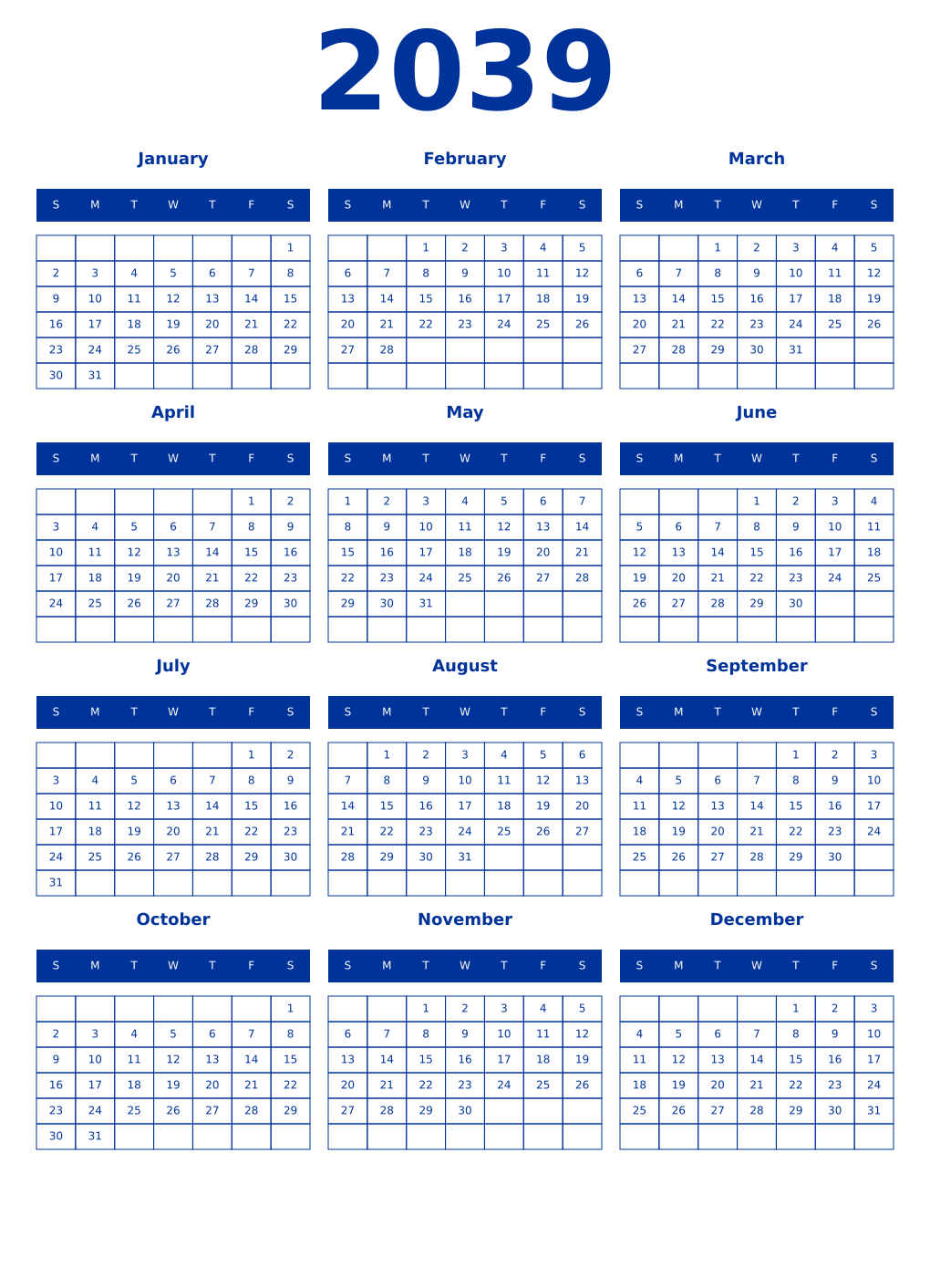 Printable 2039 Year Calendars smalt