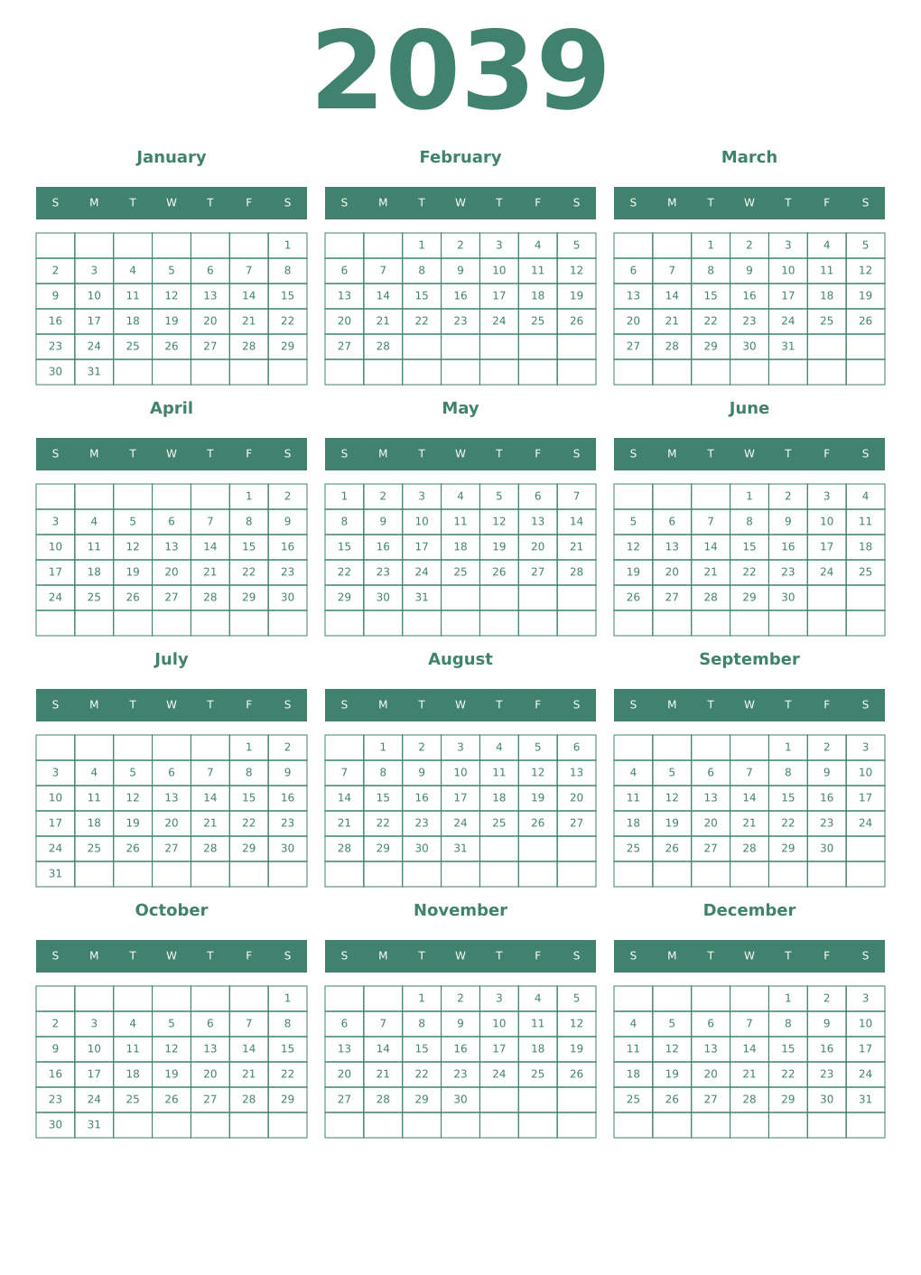 Printable 2039 Year Calendars viridian
