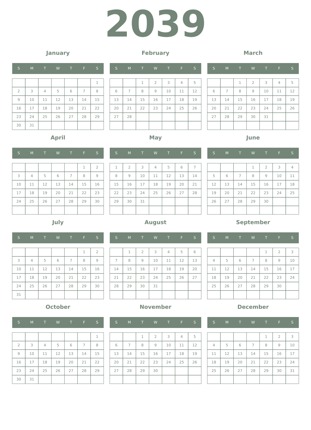 Printable 2039 Year Calendars xanadu