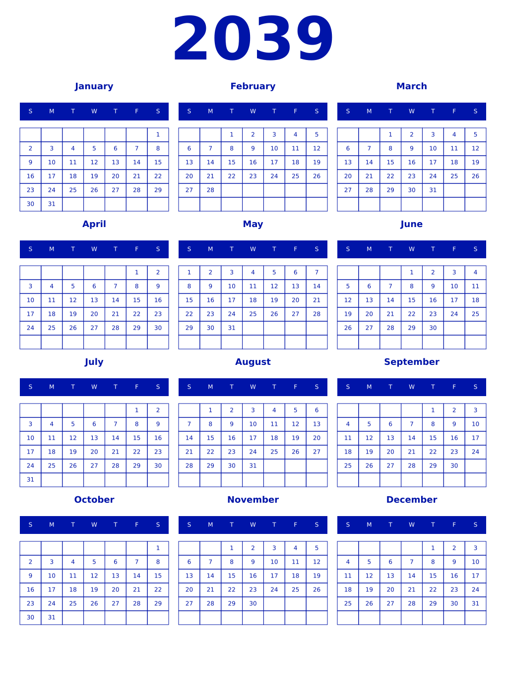 Printable 2039 Year Calendars zaffre