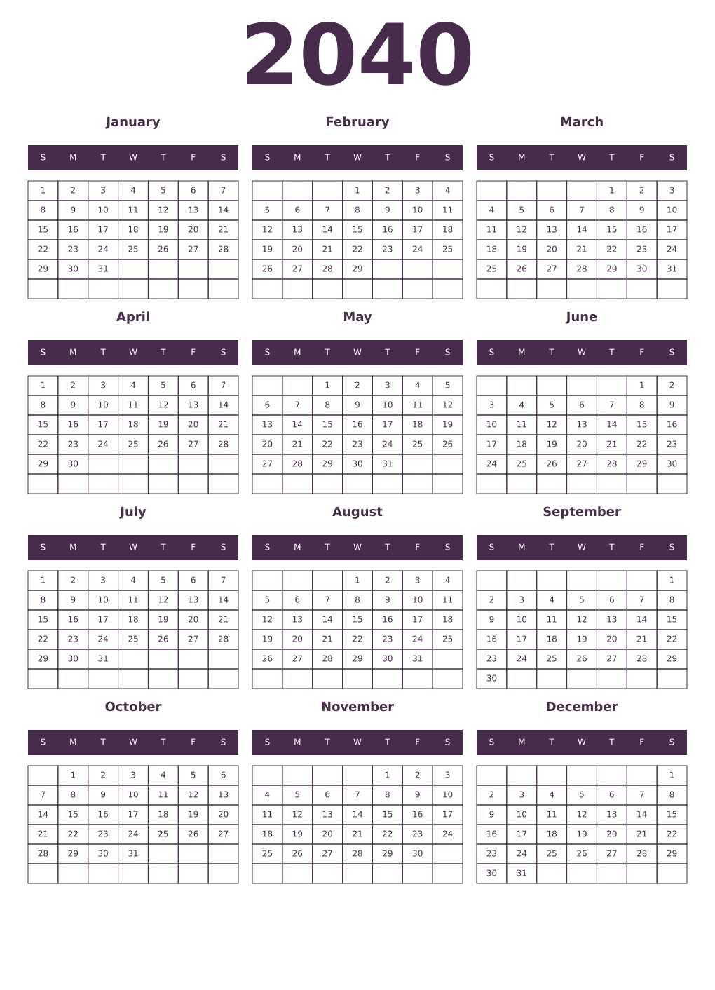 Printable 2040 Year Calendars aubergine