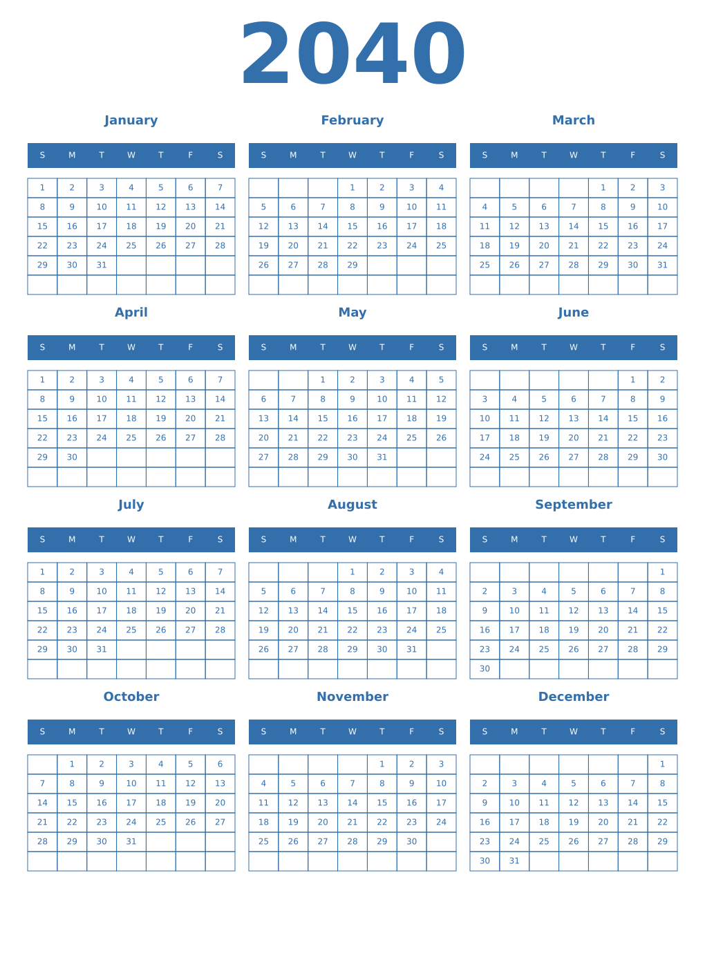 Printable 2040 Year Calendars blue