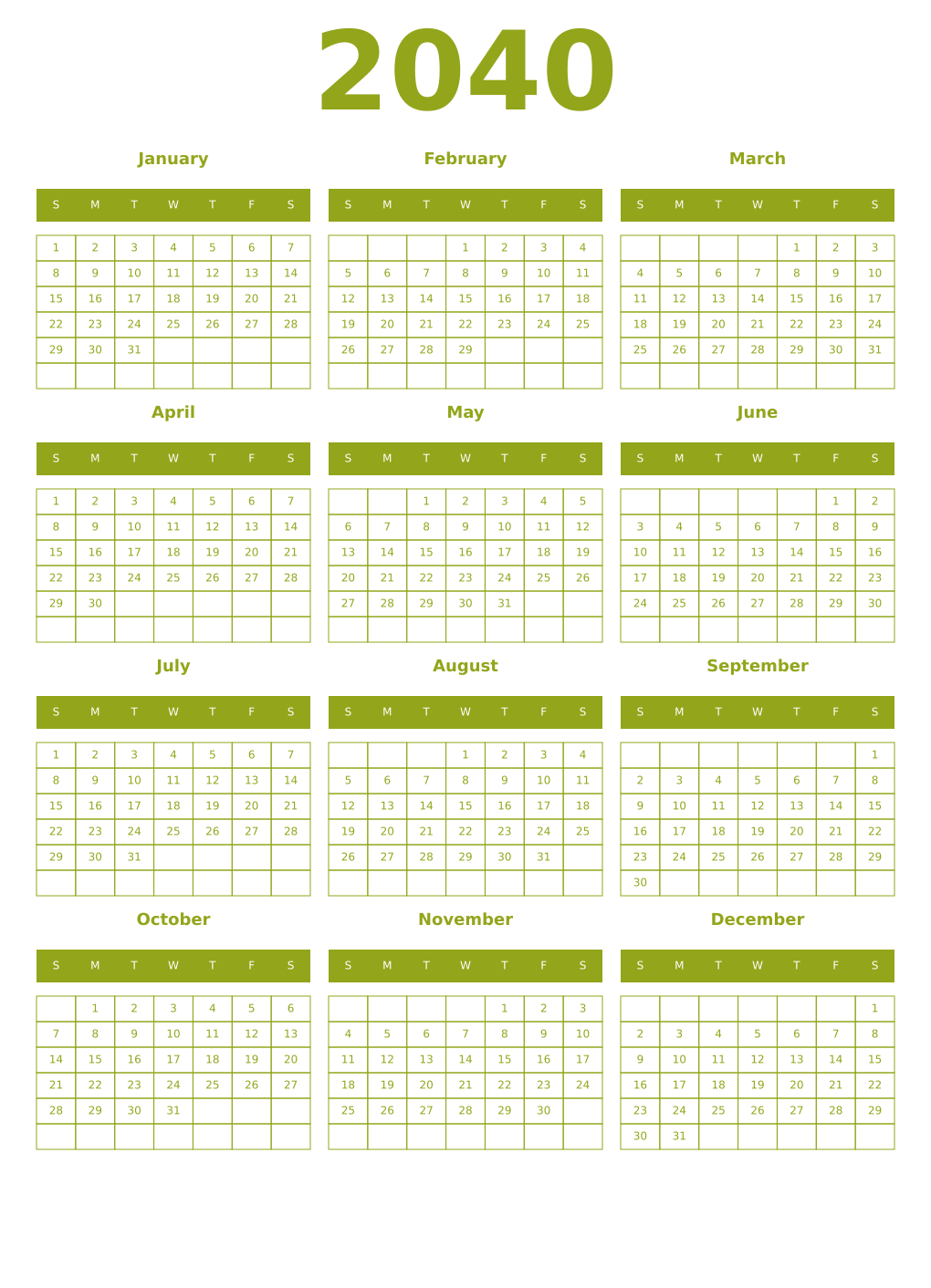 Printable 2040 Year Calendars chartreuse