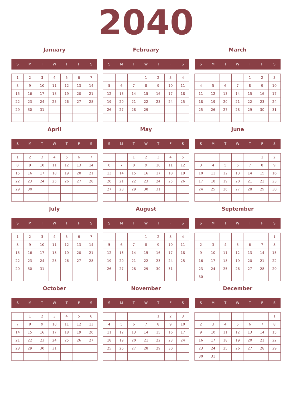 Printable 2040 Year Calendars cordovan