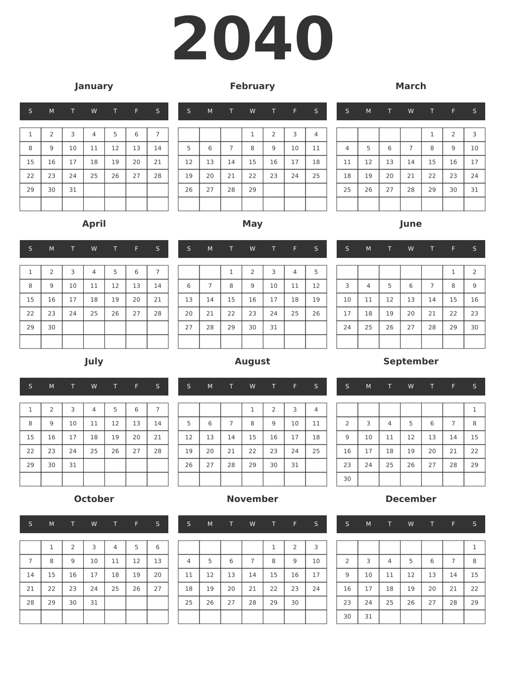 Printable 2040 Year Calendars dark