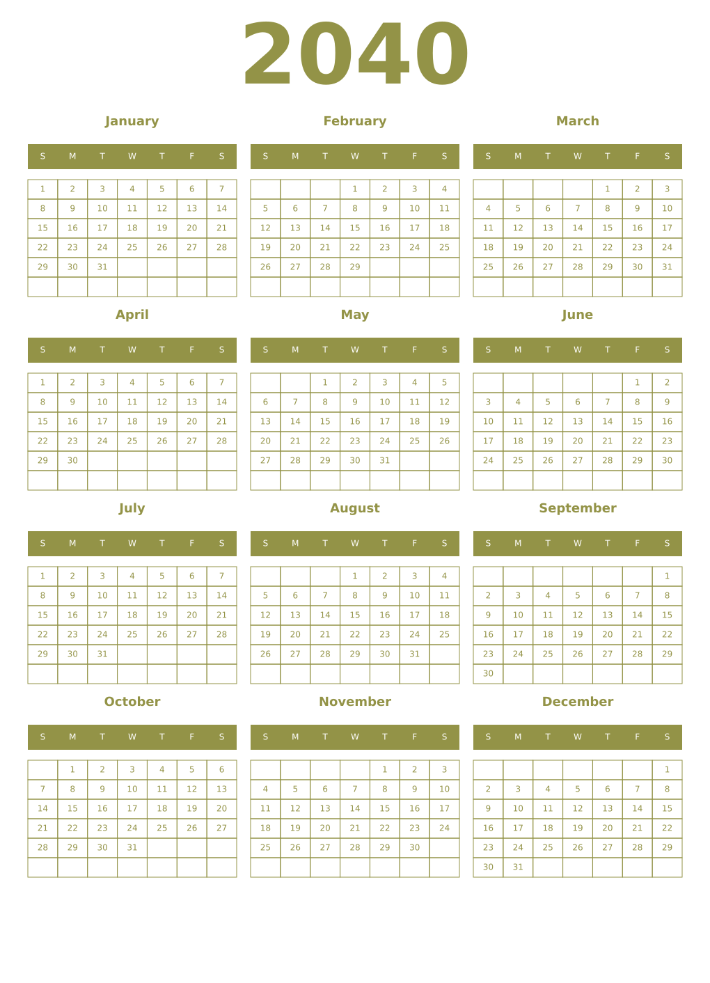 Printable 2040 Year Calendars eburnean