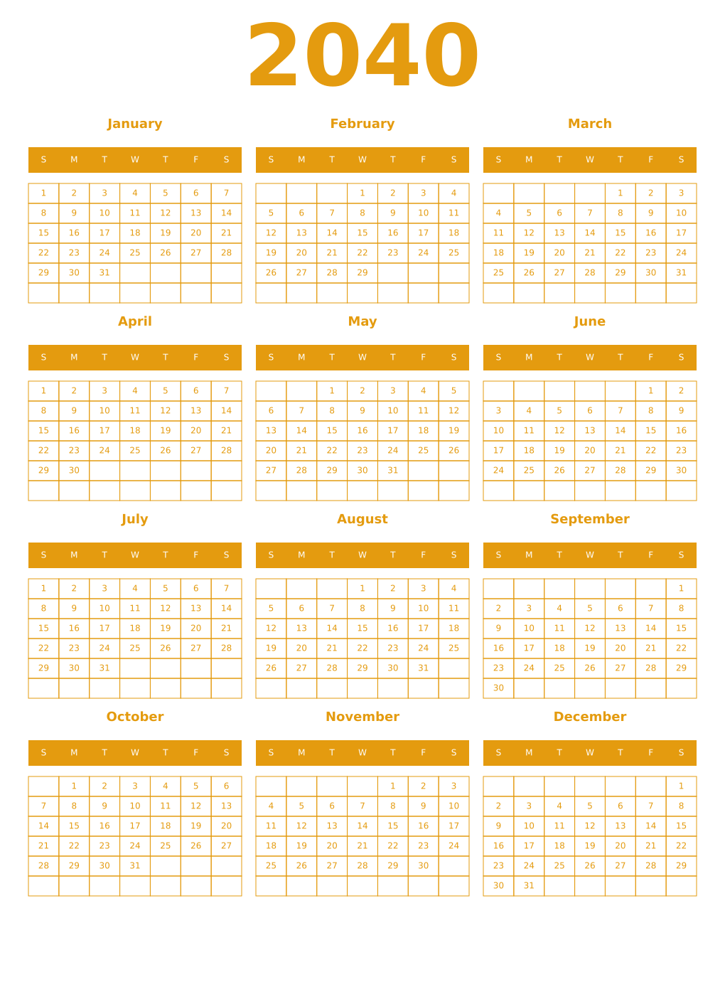 Printable 2040 Year Calendars gamboge