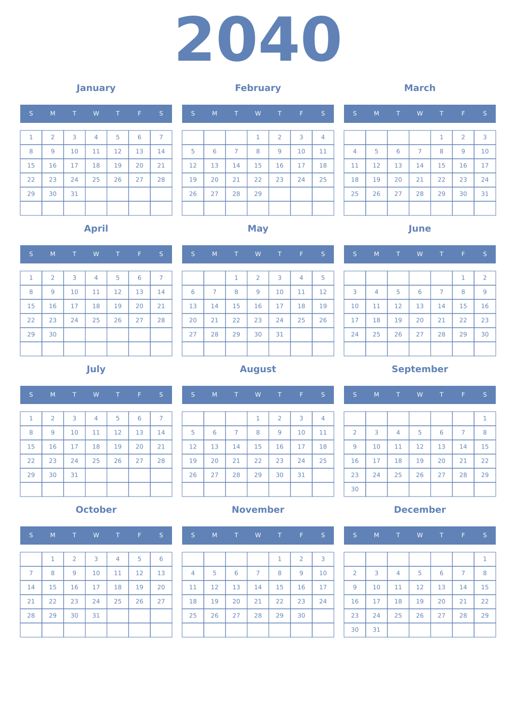 Printable 2040 Year Calendars glaucous