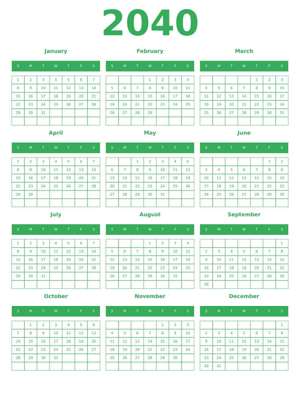 Printable 2040 Year Calendars green