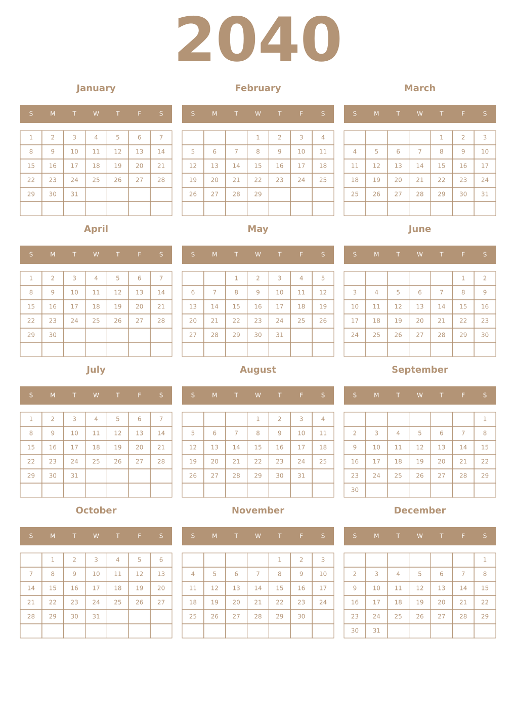 Printable 2040 Year Calendars isabelline