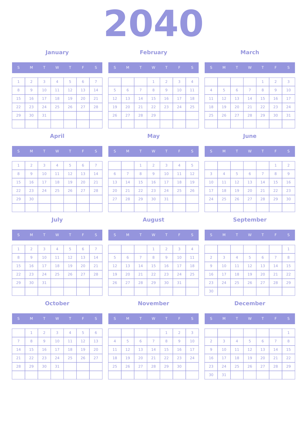 Printable 2040 Year Calendars periwinkle