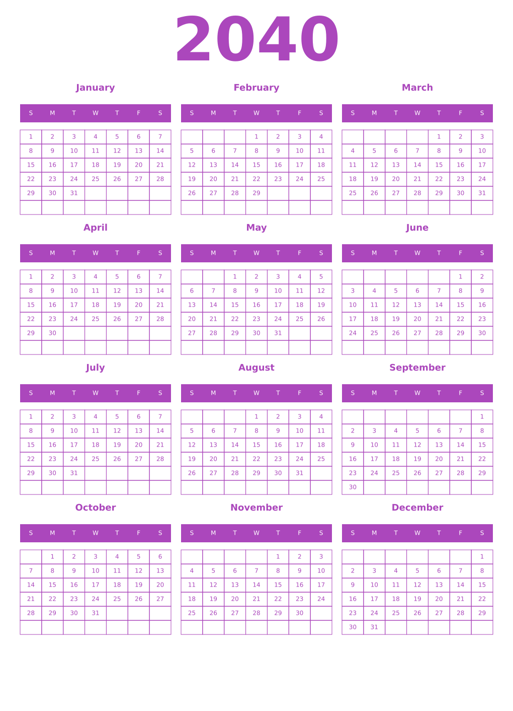 Printable 2040 Year Calendars purple