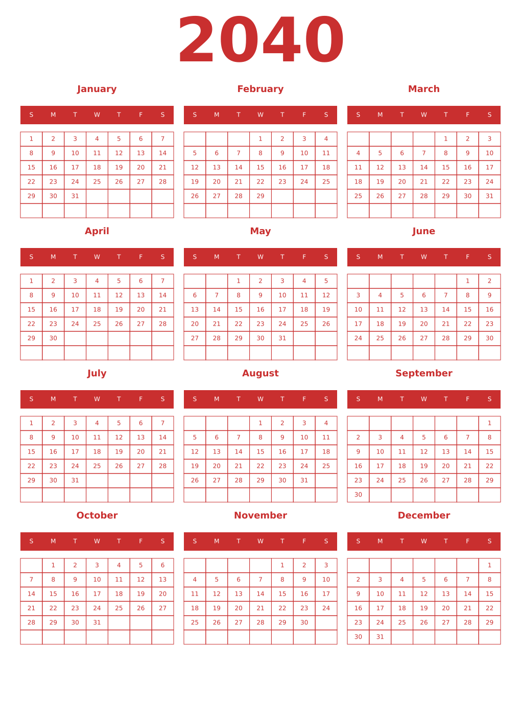 Printable 2040 Year Calendars red