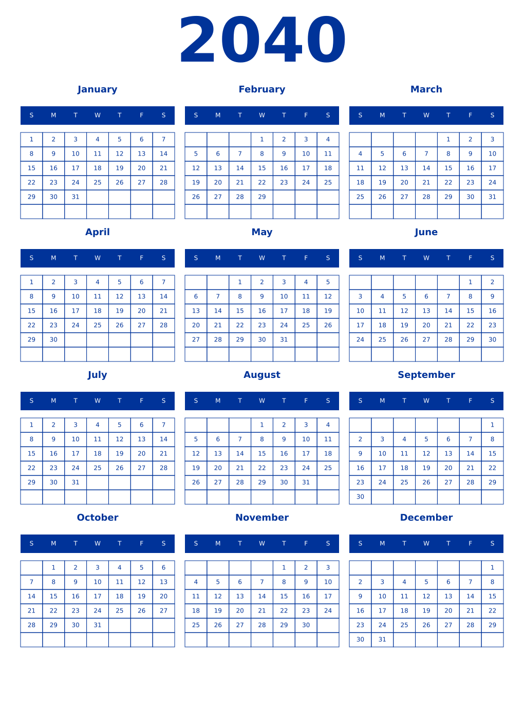 Printable 2040 Year Calendars smalt