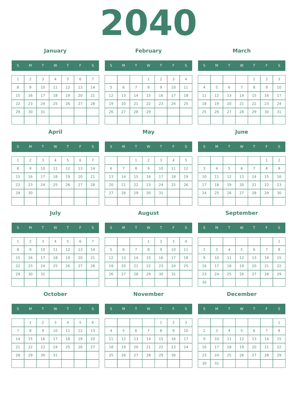 Printable 2040 Year Calendars viridian