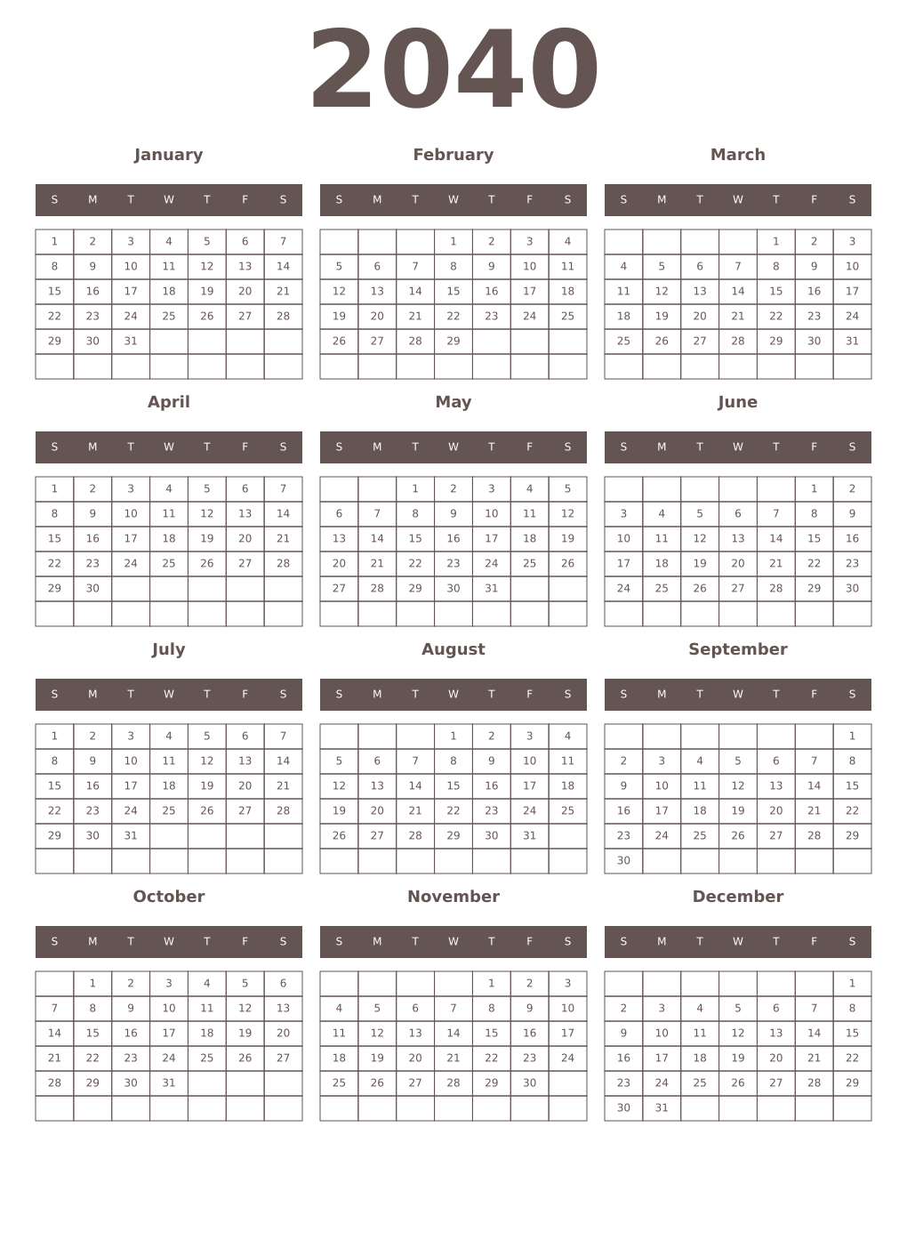 Printable 2040 Year Calendars wenge