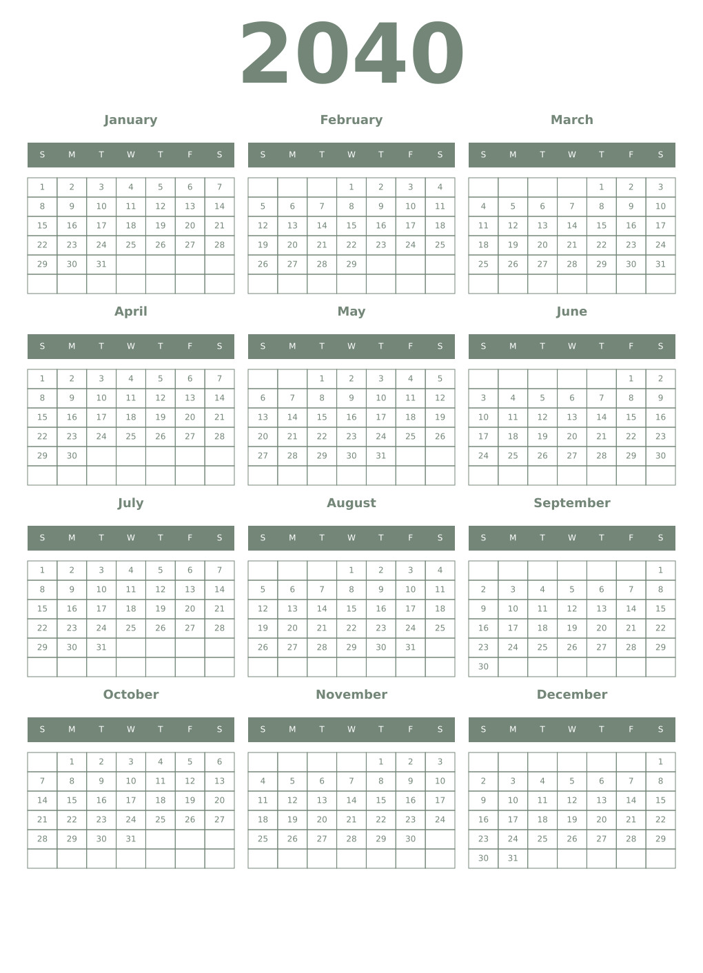Printable 2040 Year Calendars xanadu