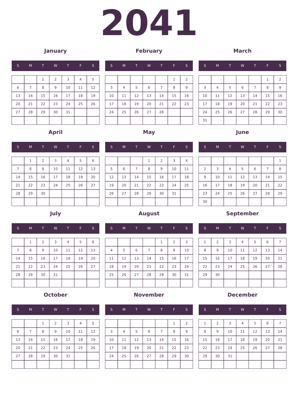 Printable 2041 Year Calendars aubergine