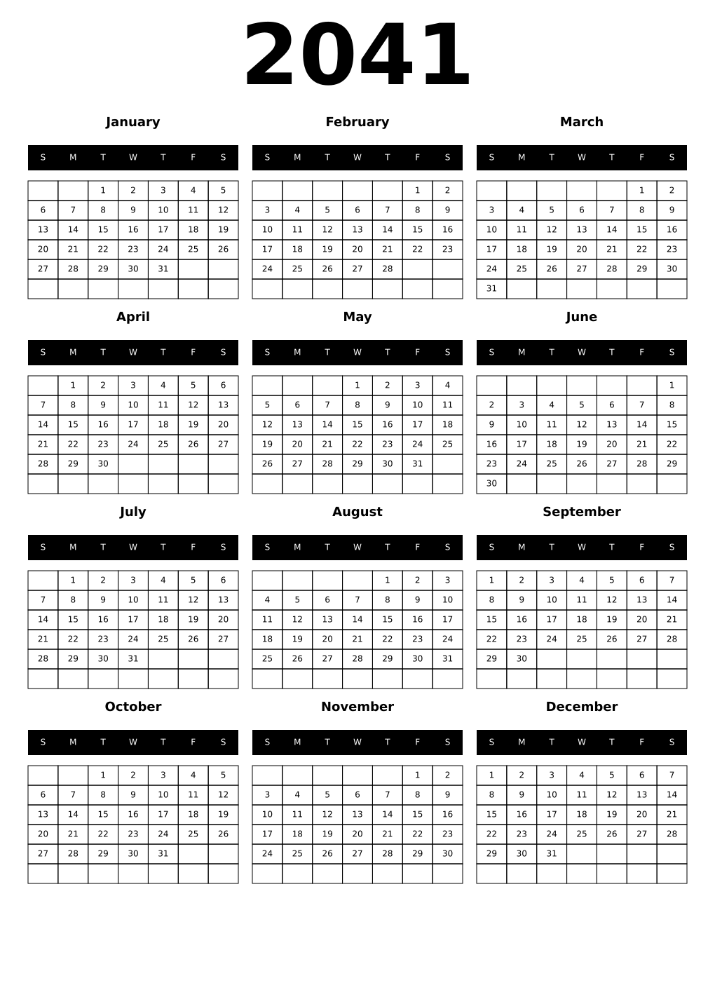 Printable 2041 Year Calendars black