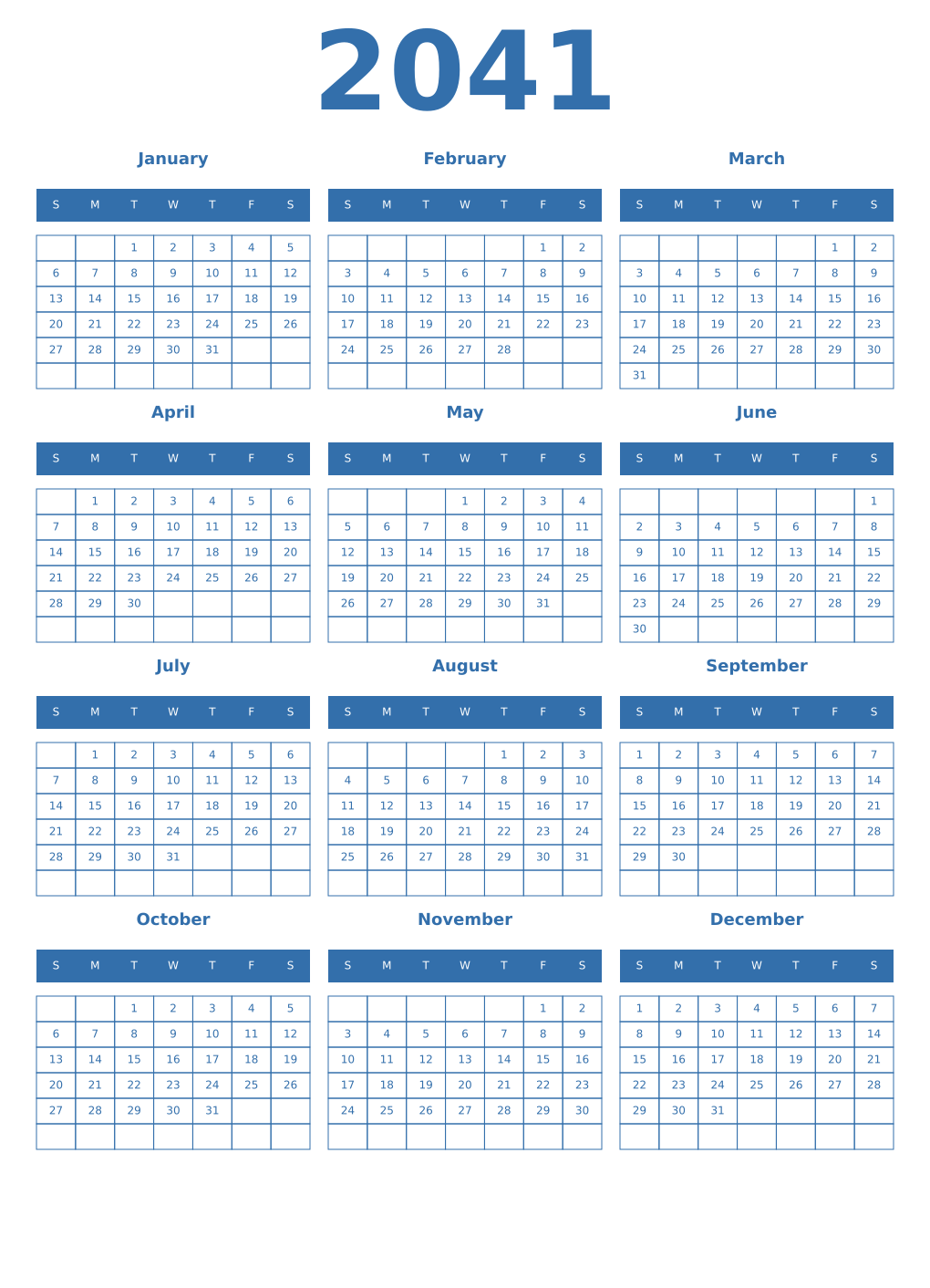 Printable 2041 Year Calendars blue