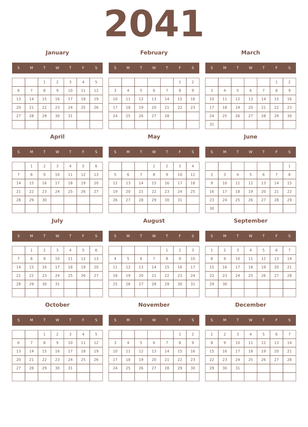 Printable 2041 Year Calendars coffe