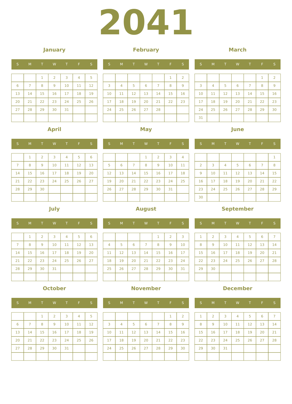 Printable 2041 Year Calendars eburnean