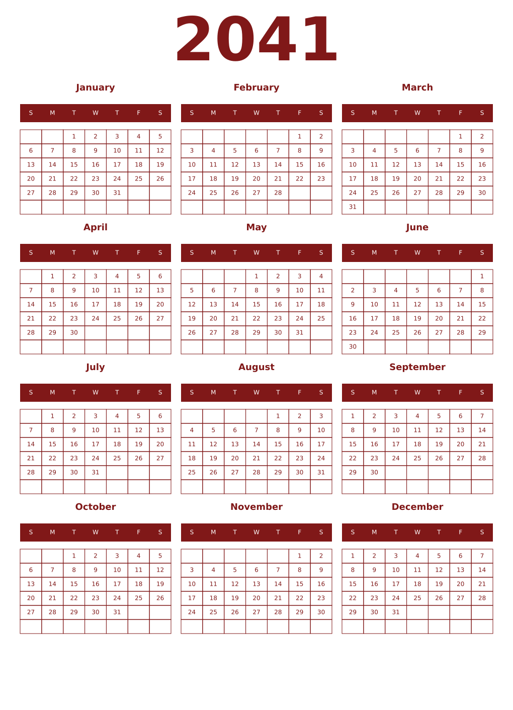Printable 2041 Year Calendars falu